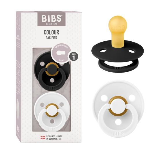 Picture of BIBS Pacifiers Colour Collection | Natural Rubber Baby Pacifier | Set of 2 BPA-Free Soothers | Made in Denmark | 0+ Months (Pack of 2) | Black/White