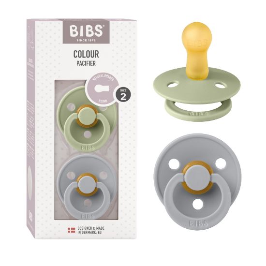 Picture of BIBS Pacifiers Colour Collection | Natural Rubber Baby Pacifier | Round Nipple | Set of 2 BPA-Free Soothers | Made in Denmark | 6+ Months (Pack of 2) | Sage/Cloud