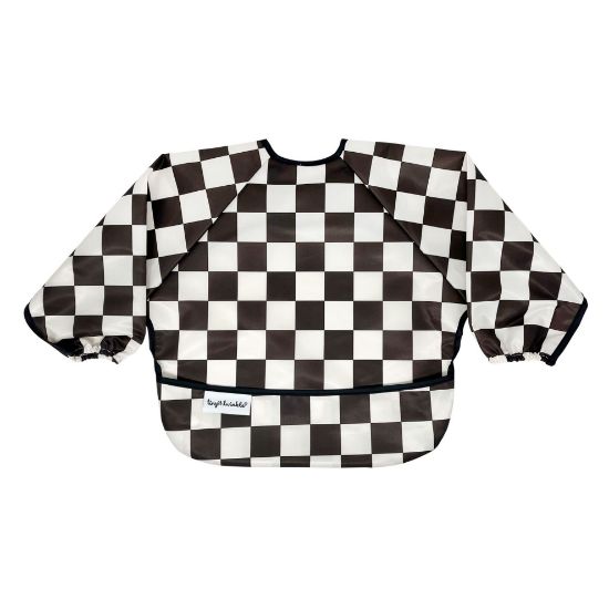 Picture of Tiny Twinkle Mess Proof Baby Bib|Waterproof Smock Bib for Eating,Machine Washable Full Sleeve with Pocket(Checkers Black, Small 6-24 Months)