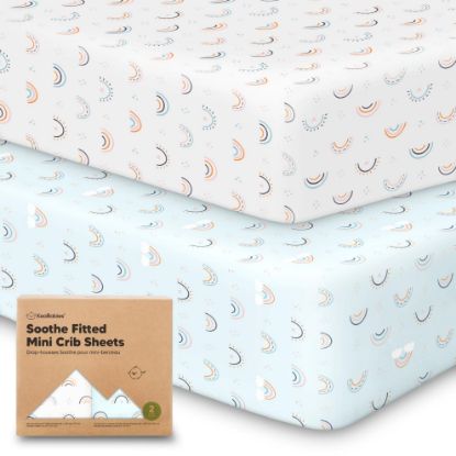 Picture of 2-Pack Mini Crib Sheets Fitted - Pack N Play Sheets for Pack and Play Mattress, Organic Cotton, Soft & Breathable Jersey Playard Bedding, Neutral Mini Toddler Bed Cover for Boys, Girls (Jolly Rainbow)