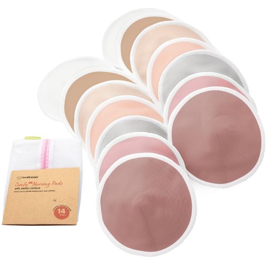 Picture of Organic Breast Pads - 14 Viscose Derived from Bamboo Washable Pads + Wash Bag, 3-Layers Breastfeeding Nipple Pad for Maternity, Reusable Nipplecovers for Breast Feeding(Lovelle Lite, L 4.8")