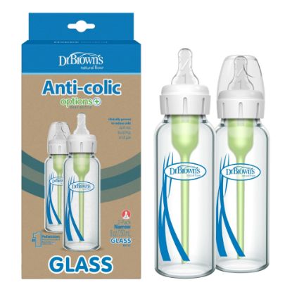 Picture of Dr. Brown's Natural Flow Anti-Colic Options+ Narrow Glass Baby Bottle 8 oz/250 mL, with Level 1 Slow Flow Nipple, 2 Pack, 0m+