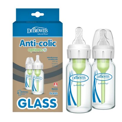 Picture of Dr. Brown's Natural Flow Anti-Colic Options+ Narrow Glass Baby Bottle 4 oz/120 mL, with Level 1 Slow Flow Nipple, 2 Pack, 0m+