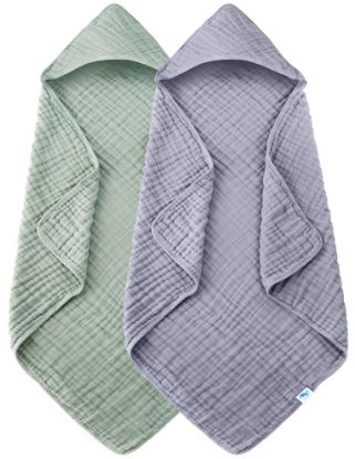 Picture of SWEET DOLPHIN Muslin Hooded Baby Bath Towels - 2 Pack 100% Cotton Towel for Babies, Infants, Toddlers - 32x32Inch - Highly Absorbent and Newborn Essential, Green and Grey
