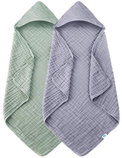 Picture of SWEET DOLPHIN Muslin Hooded Baby Bath Towels - 2 Pack 100% Cotton Towel for Babies, Infants, Toddlers - 32x32Inch - Highly Absorbent and Newborn Essential, Green and Grey