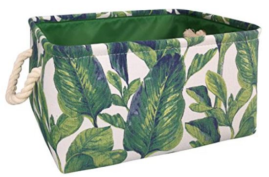Picture of HUAYEE 19.7 Inches Large Laundry Basket Waterproof Round Cotton Linen Collapsible Storage bin with Handles for Hamper,Kids Room,Toy Storage (REC Green Leaves)