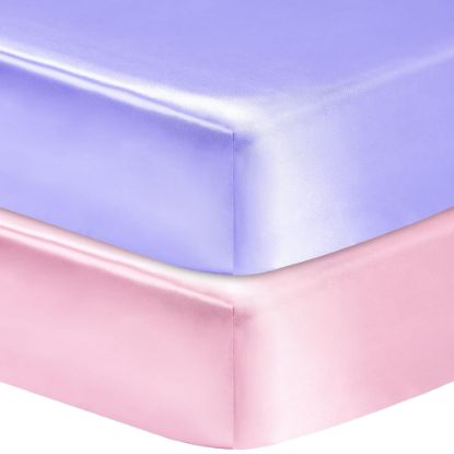Picture of GUNTAIL 2 Pack Satin Soft Crib Sheet for Baby with Sensitive Hair Silky Baby Mattress Sheet Pink and Violet Unisex 52’’x28’’x8’’ Fitted Sheets