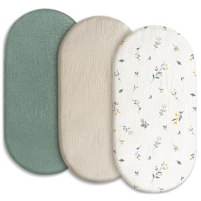 Picture of Gllquen Baby Muslin Bassinet Sheets 3 Pack, Breathable Elastic Cozy Fitted Cotton Bassinet Mattress Sheet for Baby Boy Girls, Fit for Hourglass Oval Rectangular Cradle Pad Sheets 33"X17" (Green)