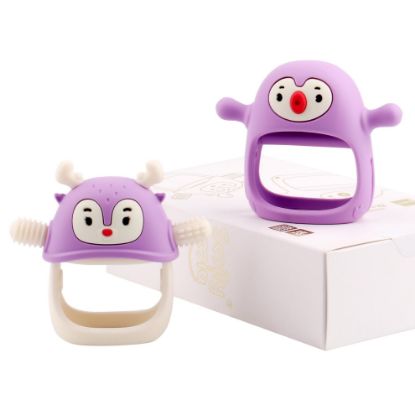 Picture of Smily Mia Baby Teething Toy |Penguin Teether for 0-6Months |Reindeer Baby Chew Toys for 3m+, Soft Silicone Hand Teether |Teething Mitten for Teething Pain Relief, Baby Essentials Gift Box, Purple
