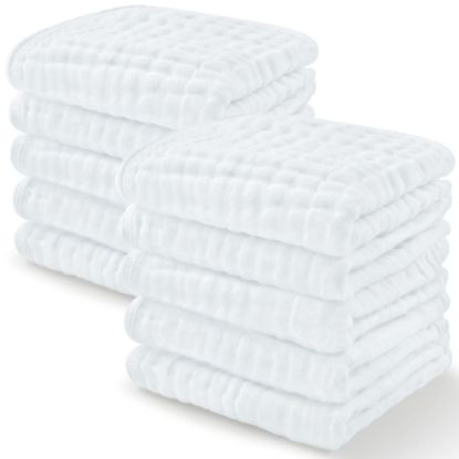Picture of Comfy Cubs Muslin Baby Washcloths 10 Pack - Soft 6-Layer Cotton Wash Cloths for Sensitive Skin - 10"x10" Large, Gentle, Absorbent Infant Essentials for Newborn and Toddlers - (White)