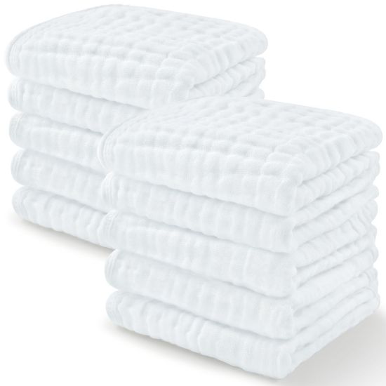 Picture of Comfy Cubs Muslin Baby Washcloths 10 Pack - Soft 6-Layer Cotton Wash Cloths for Sensitive Skin - 10"x10" Large, Gentle, Absorbent Infant Essentials for Newborn and Toddlers - (White)