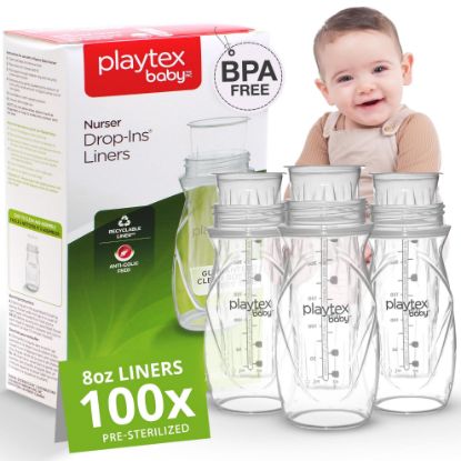 Picture of Playtex Baby Nurser Pre-Sterilized Disposable Drop-Ins Bottle Liners, Anti-Colic, Gas Reduction, Closer to Breastfeeding, 8 Oz, 100 Count