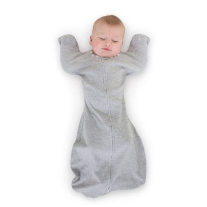 Picture of SwaddleDesigns Transitional Swaddle Sack, Arms Up Half-Length Sleeves & Mitten Cuffs, Swaddle for Newborn Transition to Baby Sleep Sack Wearable Blanket, 6-9 Month, 21-24 lb, Gray with Striped Trim