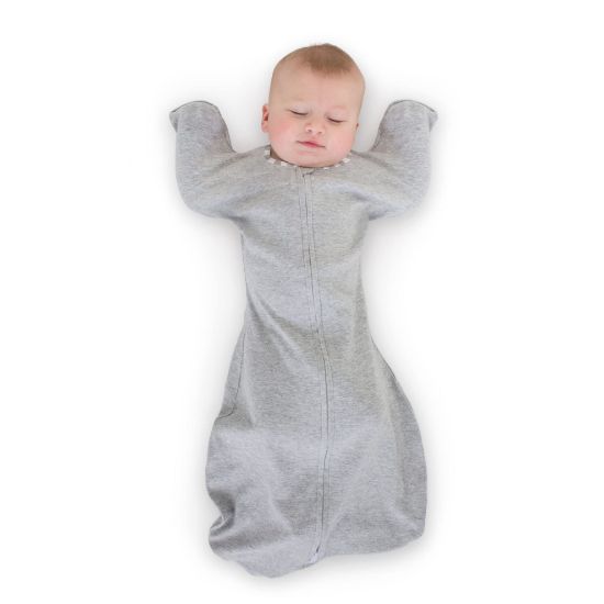 Picture of SwaddleDesigns Transitional Swaddle Sack, Arms Up Half-Length Sleeves & Mitten Cuffs, Swaddle for Newborn Transition to Baby Sleep Sack Wearable Blanket, 6-9 Month, 21-24 lb, Gray with Striped Trim