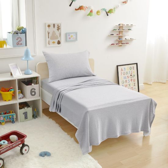 Picture of Amazon Basics 3 Piece Bed Sheets Set, 100% Cotton Jersey, Includes Super Soft, Flat and Fitted Sheets, Pillowcase, Toddler, Light Gray, Solid