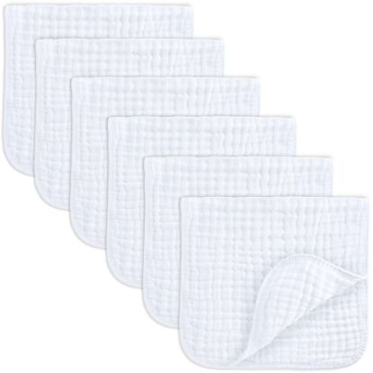 Picture of Comfy Cubs Muslin Burp Cloths 20" x 10", Pack of 6 - Large, 6-Layer, Ultra Absorbent 100% Cotton for Baby Spit-Up, Drool, and Messes - Soft, Safe & Gentle Baby Burp Cloths Set for Boys & Girls - White
