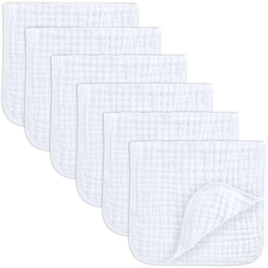 Picture of Comfy Cubs Muslin Burp Cloths 20" x 10", Pack of 6 - Large, 6-Layer, Ultra Absorbent 100% Cotton for Baby Spit-Up, Drool, and Messes - Soft, Safe & Gentle Baby Burp Cloths Set for Boys & Girls - White