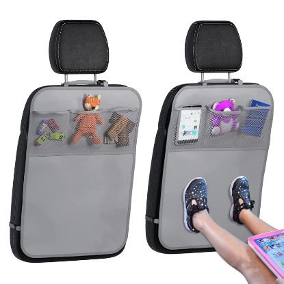 Picture of lebogner Back Seat Cover For Kids + 3 Pocket Storage Organizer, 2 Pack X-Large Multifunctional Kick Mats Backseat Protector, Car Seat Back Protectors For Vehicles To Protect From Dirt & Scuffs, Grey