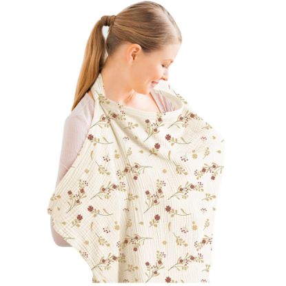 Picture of Konssy Muslin Nursing Cover for Baby Breastfeeding, Breathable 100% Cotton Breastfeeding Cover with Rigid Hoop for Mother Nursing Apron, Multi-use Carseat Canopy (Posy)