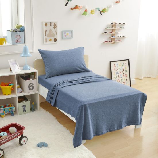 Picture of Amazon Basics 3 Piece Bed Sheet Set, 100% Cotton Jersey, Includes Super Soft, Flat and Fitted Sheets, Pillowcase, Toddler, Navy, Solid