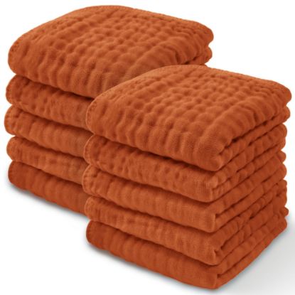 Picture of Baby Washcloths, Muslin Cotton Baby Towels, Large 10”x10” Wash Cloths Soft on Sensitive Skin, Absorbent for Boys & Girls, Newborn Baby & Toddlers Bibs & Burp Cloths Essentials Set (Garnet, Pack of 10)