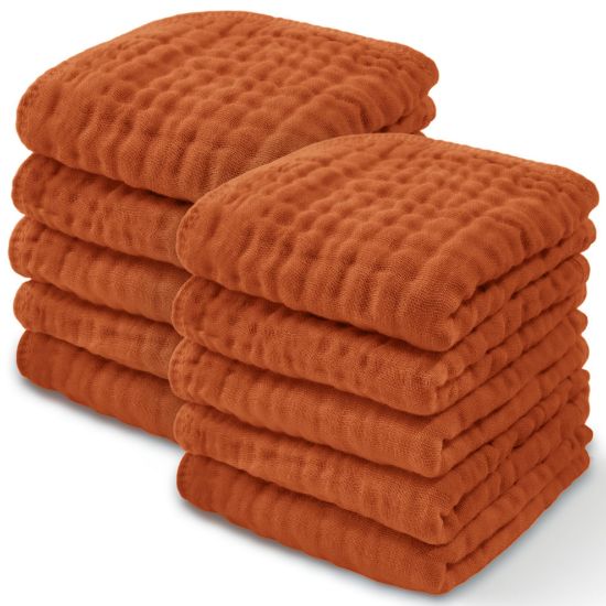 Picture of Baby Washcloths, Muslin Cotton Baby Towels, Large 10”x10” Wash Cloths Soft on Sensitive Skin, Absorbent for Boys & Girls, Newborn Baby & Toddlers Bibs & Burp Cloths Essentials Set (Garnet, Pack of 10)