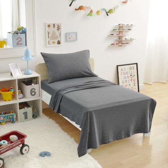 Picture of Amazon Basics 3 Piece Bed Sheet Set, 100% Cotton Jersey, Includes Super Soft, Flat and Fitted Sheets, Pillowcase, Toddler, Dark Gray, Solid