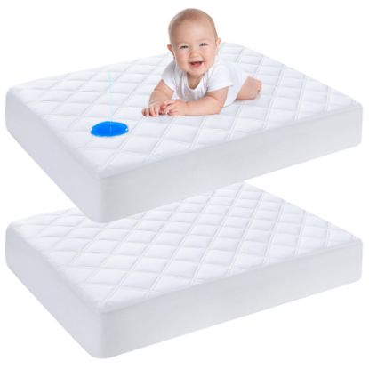 Picture of Yoofoss Waterproof Mini Crib Mattress Protector 2 Pack, Quilted Mattress Pad Cover Soft and Breathable, Machine Washable Portable Mattress Protector for Standard Baby Crib Size 38"X24"