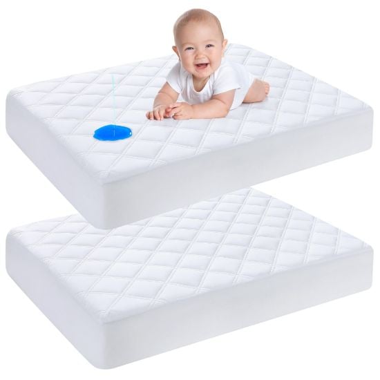 Picture of Yoofoss Waterproof Mini Crib Mattress Protector 2 Pack, Quilted Mattress Pad Cover Soft and Breathable, Machine Washable Portable Mattress Protector for Standard Baby Crib Size 38"X24"