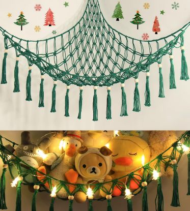 Picture of Stuffed Animal Toy Storage Hammock with LED Light - Macrame Jumbo Doll Corner Stuff Animals Organizer Decorations - Cute Plushie Net Kids Baby Nursery Bedroom Room Decor Christmas Green