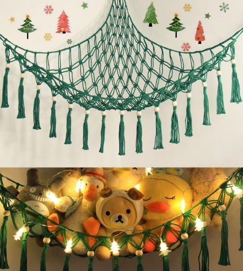 Picture of Stuffed Animal Toy Storage Hammock with LED Light - Macrame Jumbo Doll Corner Stuff Animals Organizer Decorations - Cute Plushie Net Kids Baby Nursery Bedroom Room Decor Christmas Green