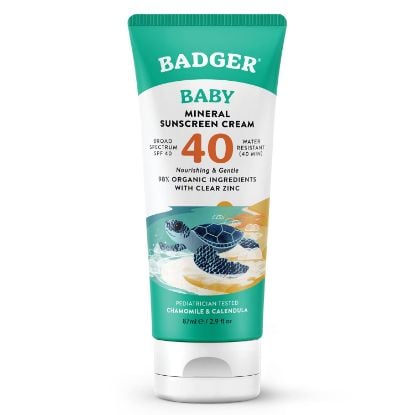 Picture of Badger Mineral Baby Sunscreen Cream SPF 40, 98% Organic Toddler Sunscreen with Zinc Oxide, Broad Spectrum, Reef Safe, Water Resistant, Pediatrician Tested Baby Sunblock for Sensitive Skin, 2.9 fl oz