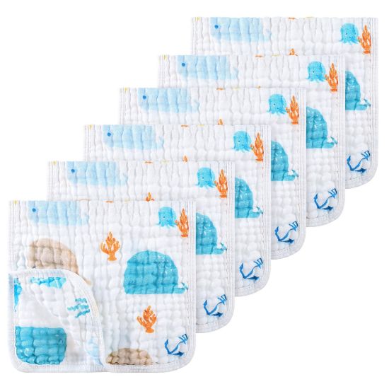 Picture of Looxii Muslin Burp Cloths 100% Cotton Muslin Cloths Large 20''x10'' Extra Soft and Absorbent 6 Pack Baby Burping Cloth (Whale)