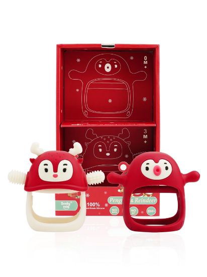 Picture of Baby Christmas Stocking Stuffers-Smily Mia Penguin Buddy and Reindeer 2 in 1 Christmas Gift/Toy Set for 0-12 Months Teething Babies, Teeting Mittens For Babies, Infant Christmas Gift Box-Christmas Red