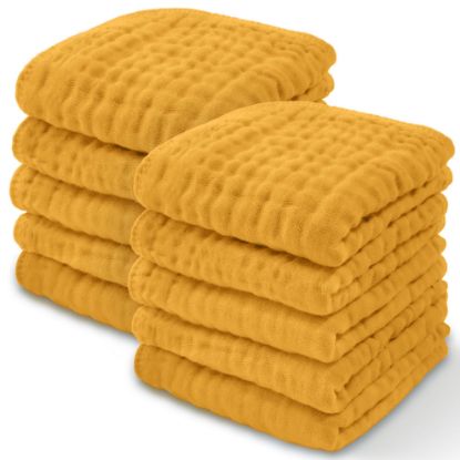 Picture of Baby Washcloths, Muslin Cotton Baby Towels Large 10”x10” Wash Cloths Soft on Sensitive Skin, Absorbent for Boys & Girls, Newborn & Toddlers Bibs & Burp Cloths Essentials Set (Turmeric, Pack of 10)
