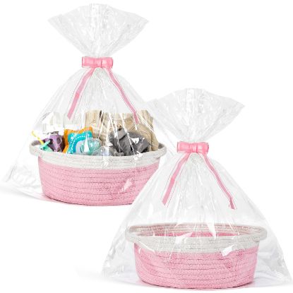 Picture of 2 Pack Small Woven Basket with Gift Bags and Ribbons, Empty Decorative Gift Chest Box, Cute Baby Gift Basket for Nursery, Cotton Rope Room Shelf Storage Basket with Handles, All 12"x 8"x 5", Pink