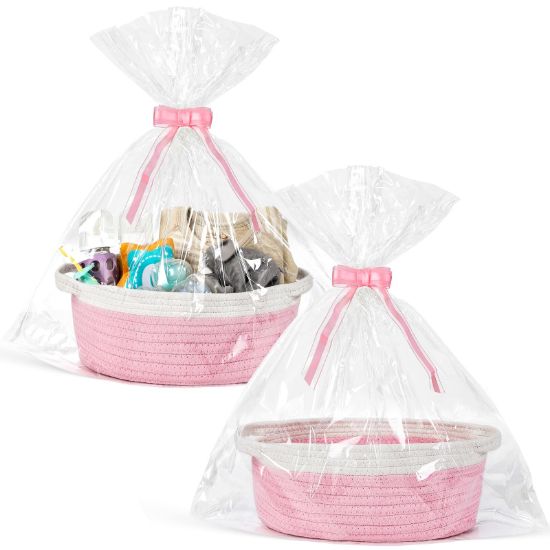Picture of 2 Pack Small Woven Basket with Gift Bags and Ribbons, Empty Decorative Gift Chest Box, Cute Baby Gift Basket for Nursery, Cotton Rope Room Shelf Storage Basket with Handles, All 12"x 8"x 5", Pink
