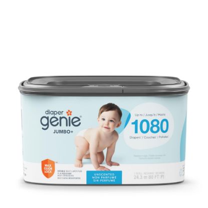 Picture of The Diaper Genie Jumbo+ Square Refill, with continuous film, can hold up to 1080 newborn-sized diapers per refill.