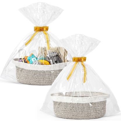 Picture of 2 Pack Small Woven Basket with Gift Bags and Ribbons, Empty Decorative Gift Chest Box, Cute Baby Gift Basket for Nursery, Cotton Rope Room Shelf Storage Basket with Handles, All 12"x 8"x 5",Brown