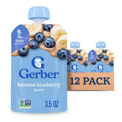Picture of Gerber Stage 2 Baby Food, Banana Blueberry Puree Pouch, 2 Servings of Fruit, No Added Sweetener, No Artificial Colors or Flavors, 12-Pack