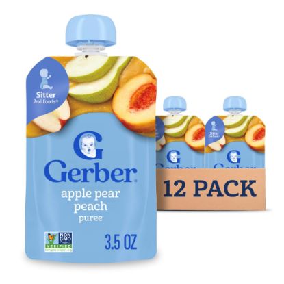 Picture of Gerber Stage 2 Baby Food, Apple Pear Peach Puree Pouch, Baby Food, 2 Servings of Fruit, No Added Sweetener, No Artificial Colors or Flavors, 12-Pack
