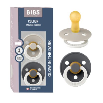 Picture of BIBS Colour Night Glow in The Dark Soother 2-Pack, BPA Free Dummy Pacifier, Round Nipple. Natural Rubber Latex, Made in Denmark, Size 2 (6-18 Months), Sand Glow/Iron Glow
