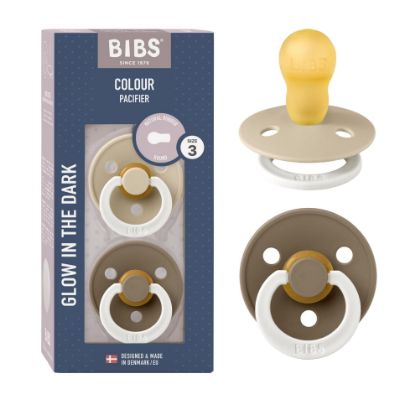 Picture of BIBS Pacifiers Colour Collection | Natural Rubber Baby Pacifier | Set of 2 BPA-Free Soothers | Made in Denmark | 18+ Months (Pack of 2) | Vanilla Glow/Dark Oak Glow