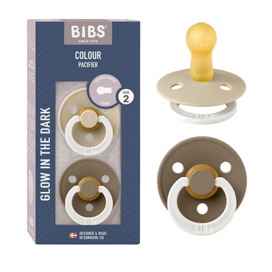 Picture of BIBS Pacifiers Colour Collection | Natural Rubber Baby Pacifier | Set of 2 BPA-Free Soothers | Made in Denmark | 6+ Months (Pack of 2) | Vanilla Night/Dark Oak Night