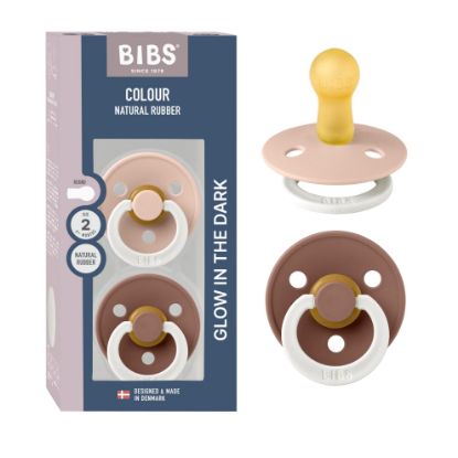Picture of BIBS Colour Night Glow in The Dark Soother 2-Pack, BPA Free Dummy Pacifier, Round Nipple. Natural Rubber Latex, Made in Denmark, Size 2 (6-18 Months), Blush Glow/Woodchuck Glow