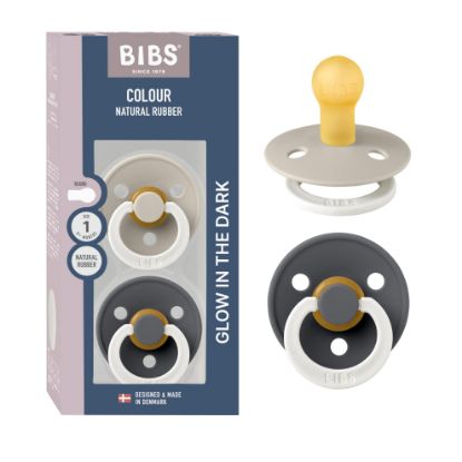 Picture of BIBS Colour Night Glow in The Dark Soother 2-Pack, BPA Free Dummy Pacifier, Round Nipple. Natural Rubber Latex, Made in Denmark, Size 1 (0-6 Months), Sand Glow/Iron Glow