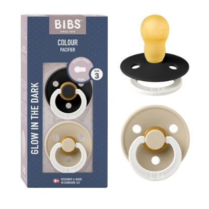 Picture of BIBS Pacifiers Colour Collection | Natural Rubber Baby Pacifier | Set of 2 BPA-Free Soothers | Made in Denmark | 18+ Months (Pack of 2) | Black Glow/Vanilla Glow