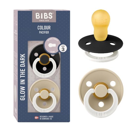 Picture of BIBS Pacifiers Colour Collection | Natural Rubber Baby Pacifier | Set of 2 BPA-Free Soothers | Made in Denmark | 18+ Months (Pack of 2) | Black Glow/Vanilla Glow