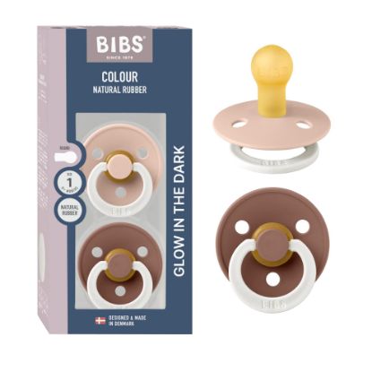 Picture of BIBS Colour Night Glow in The Dark Soother 2-Pack, BPA Free Dummy Pacifier, Round Nipple. Natural Rubber Latex, Made in Denmark, Size 1 (0-6 Months), Blush Glow/Woodchuck Glow