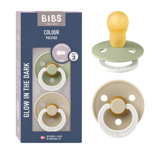 Picture of BIBS Pacifiers Colour Collection | Natural Rubber Baby Pacifier | Set of 2 BPA-Free Soothers | Made in Denmark | 18+ Months (Pack of 2) | Sage Glow/Vanilla Glow